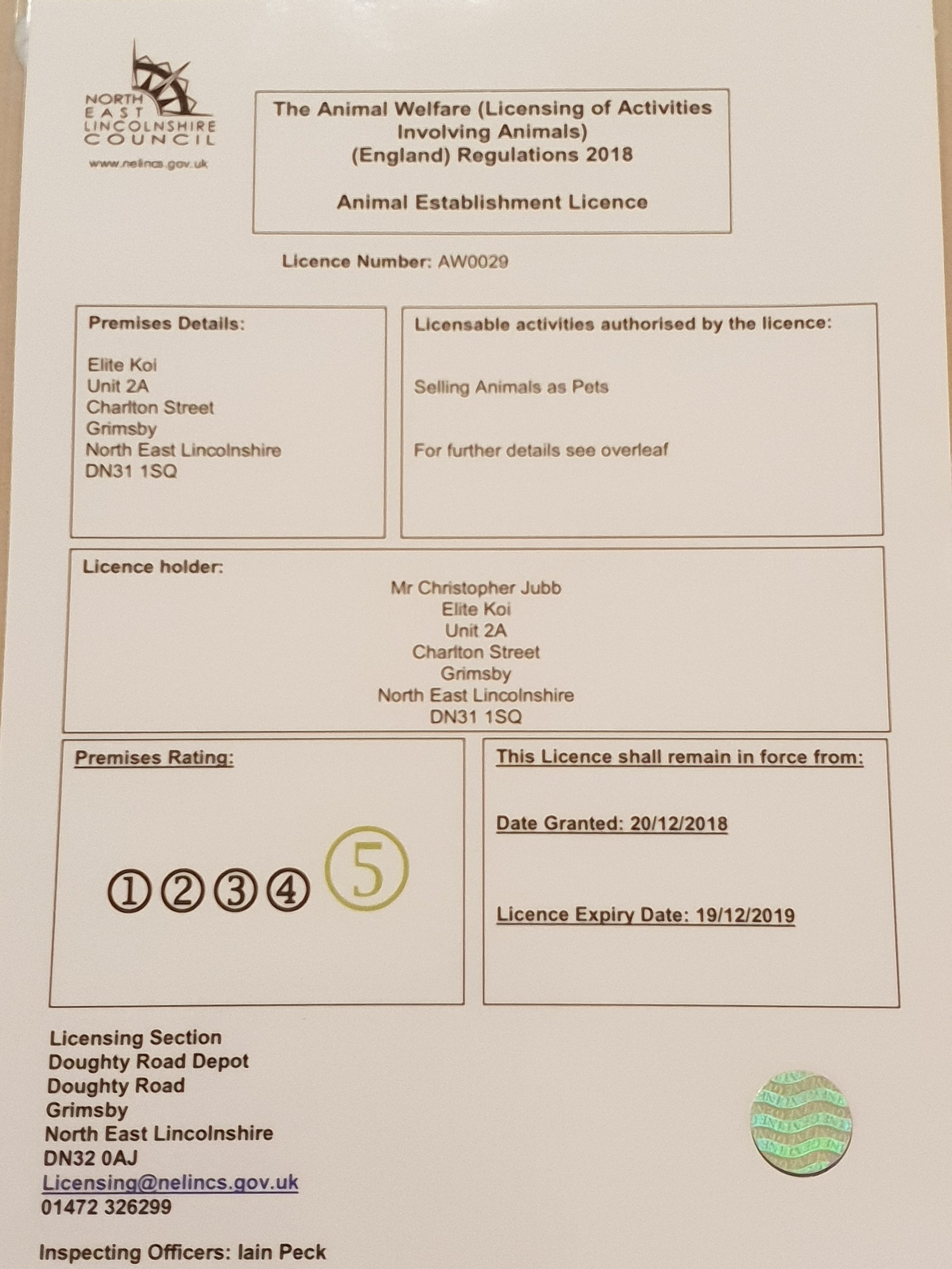 Elite Koi receive a 5 star rating from Local Authority 