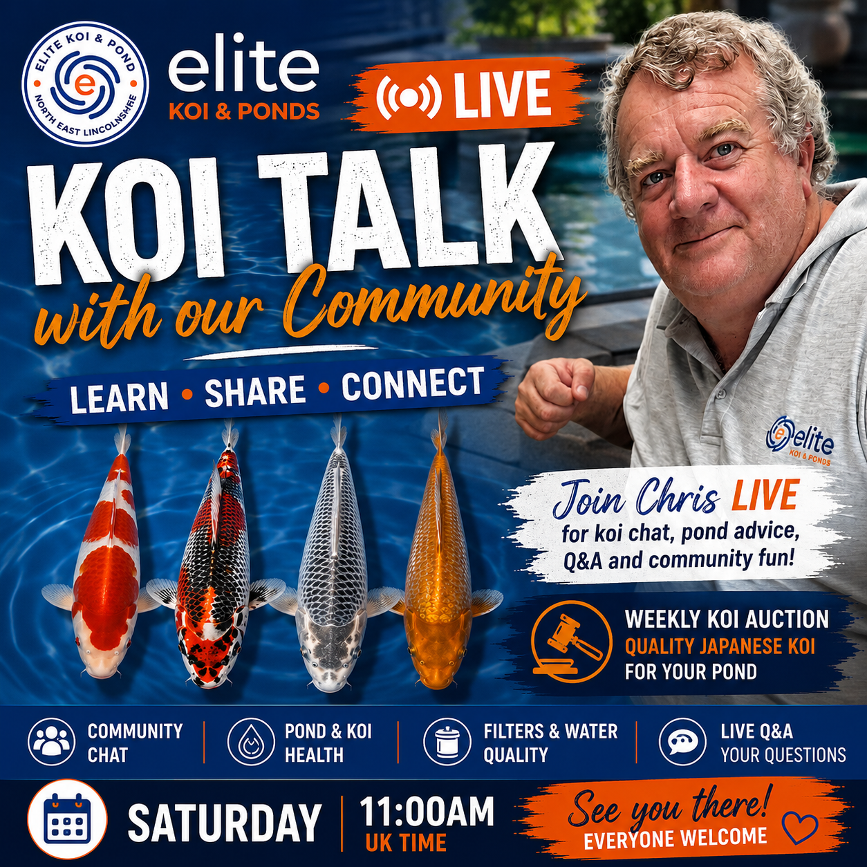 Elite Koi TV Saturday live koi talk, pond advice, community Q&A and Japanese Koi auction