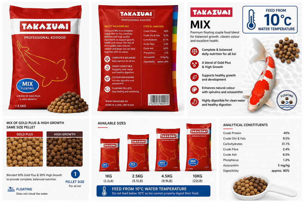 Takazumi Mix koi food floating pellets for growth and colour development, available in 1kg, 2.5kg, 4.5kg and 10kg bags