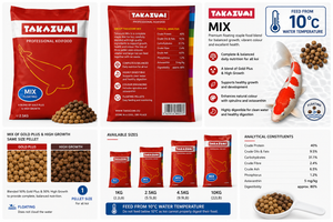 Takazumi Mix koi food floating pellets for growth and colour development, available in 1kg, 2.5kg, 4.5kg and 10kg bags