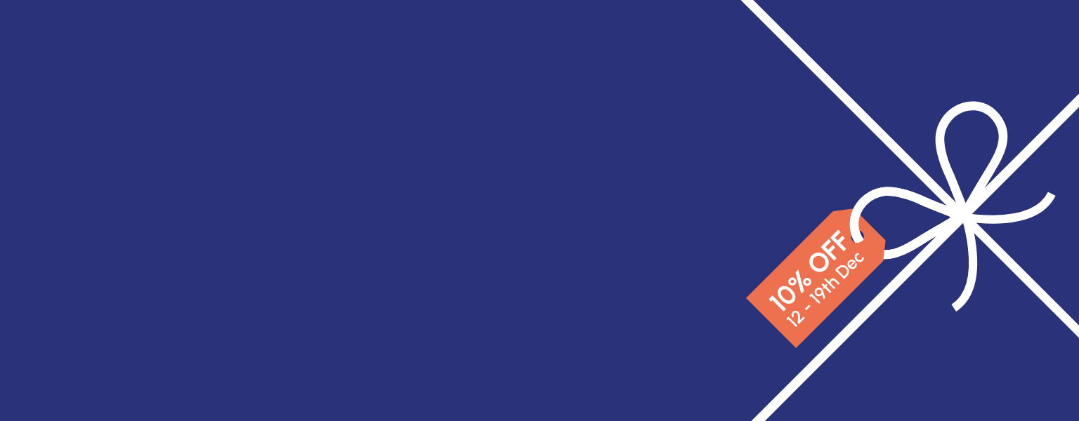 Blue banner with 10% OFF 12-19th December orange gift tag