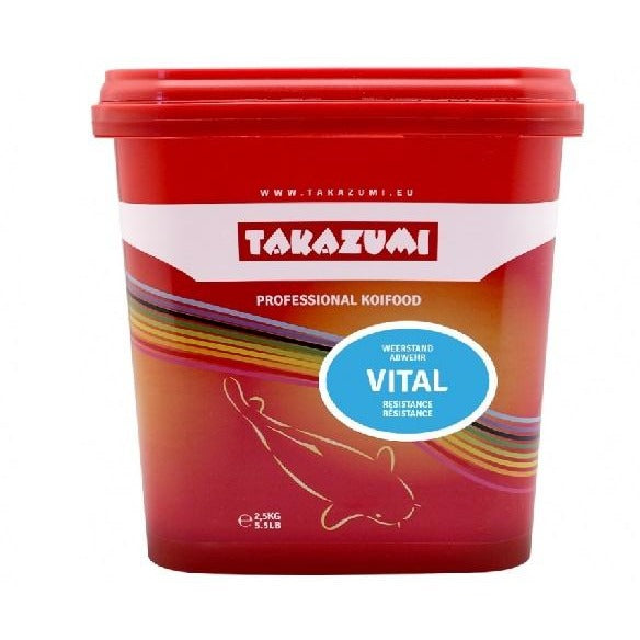 Takazumi Vital Koi Fish Food, available at Elite Koi, shown in a red and white resealable bag. A high-quality feed designed to boost koi carp health and immunity with essential vitamins and minerals ideal for all seasons