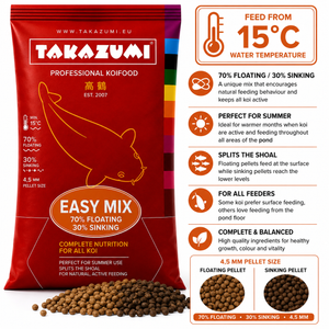 Takazumi Easy Mix koi food with 70% floating and 30% sinking pellets for feeding koi throughout the pond