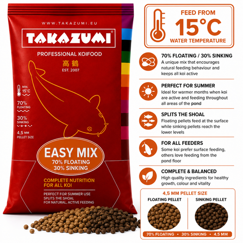 Takazumi Easy Mix koi food with 70% floating and 30% sinking pellets for feeding koi throughout the pond