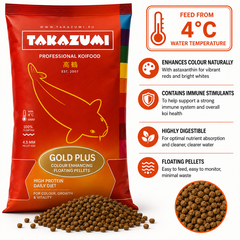Takazumi Gold Plus koi food with 4.5mm floating colour enhancing pellets, suitable for feeding from 4°C.