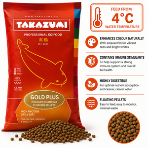 Takazumi Gold Plus koi food with 4.5mm floating colour enhancing pellets, suitable for feeding from 4°C.