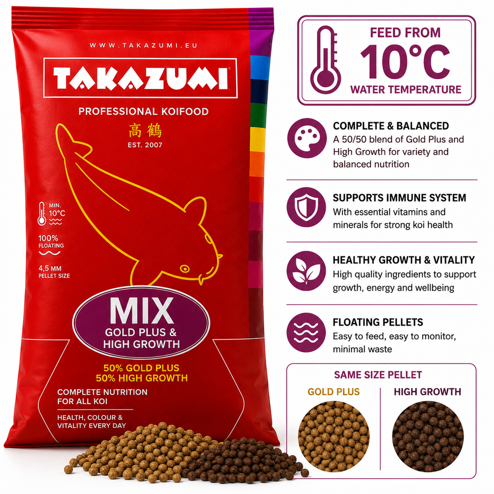 Takazumi Mix floating koi food with 50% Gold Plus and 50% High Growth pellets, suitable for feeding from 10°C water temperature