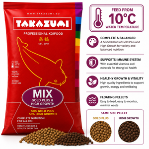Takazumi Mix floating koi food with 50% Gold Plus and 50% High Growth pellets, suitable for feeding from 10°C water temperature