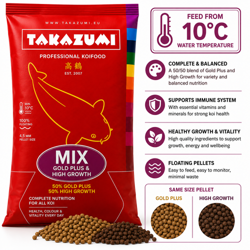 Takazumi Mix floating koi food with 50% Gold Plus and 50% High Growth pellets, suitable for feeding from 10°C water temperature