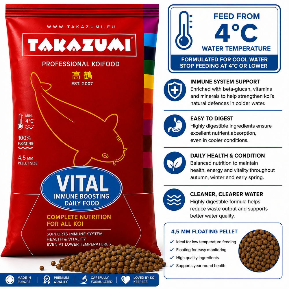 Takazumi Vital koi food with floating pellets for immune support, health, recovery and cooler water feeding