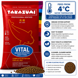 Takazumi Vital koi food with floating pellets for immune support, health, recovery and cooler water feeding